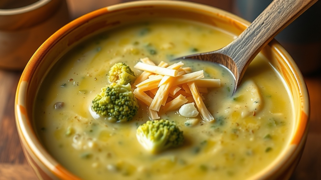 Creamy Broccoli Cheddar Soup Recipe A bowl of creamy broccoli cheddar soup topped with shredded cheese, beside a wooden spoon in a warm kitchen setting.